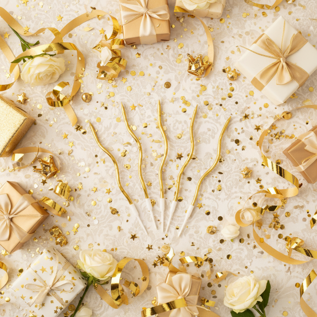 Twisty metallic golden spiral candles flat lay with gold ribbons gift boxes and party decor