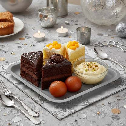 Square grey paper plate serving desserts at Indian birthday party