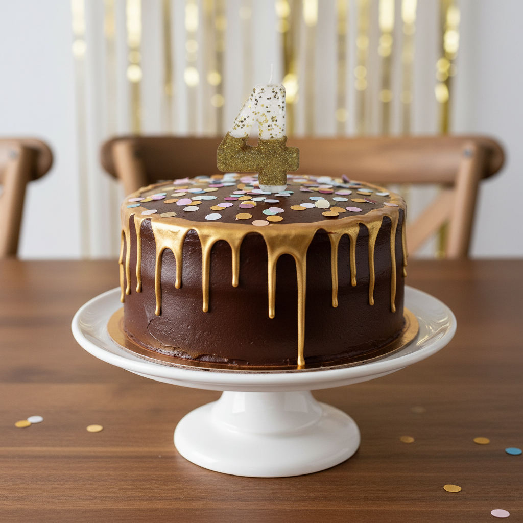 Semi glitter gold and white number 4 candle on chocolate cake with gold drip and confetti