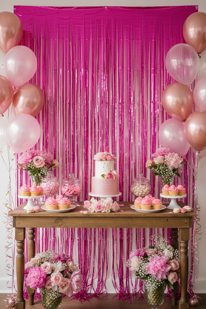 Hot pink metallic foil curtain backdrop behind dessert table at bachelorette birthday party with pink balloons and flowers
