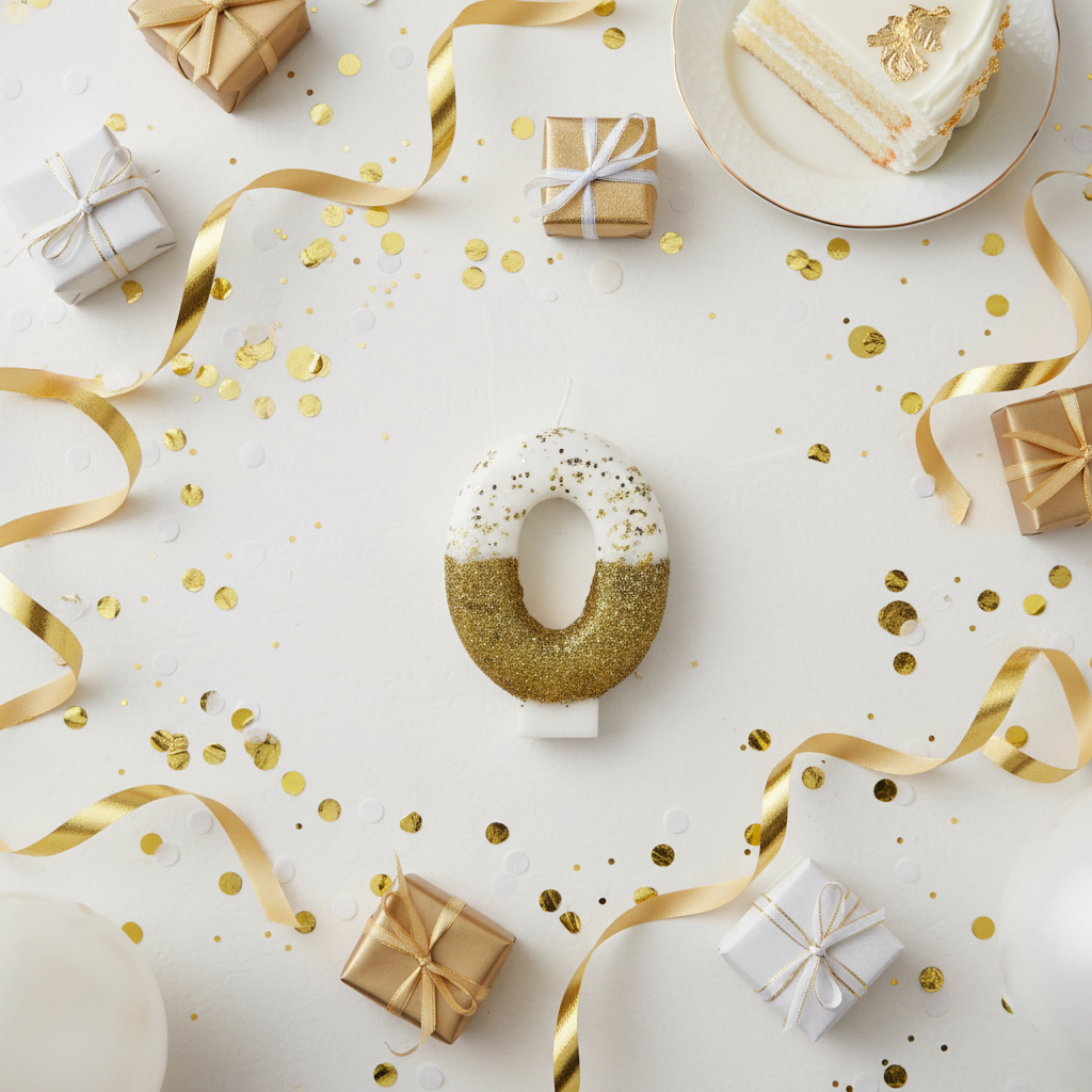 Semi glitter gold and white number 0 candle flat lay with gold ribbons gift boxes and party decor