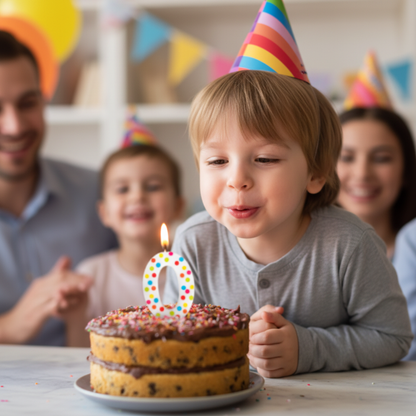 Multicolor polka dot number 0 candle lit on chocolate birthday cake child blowing