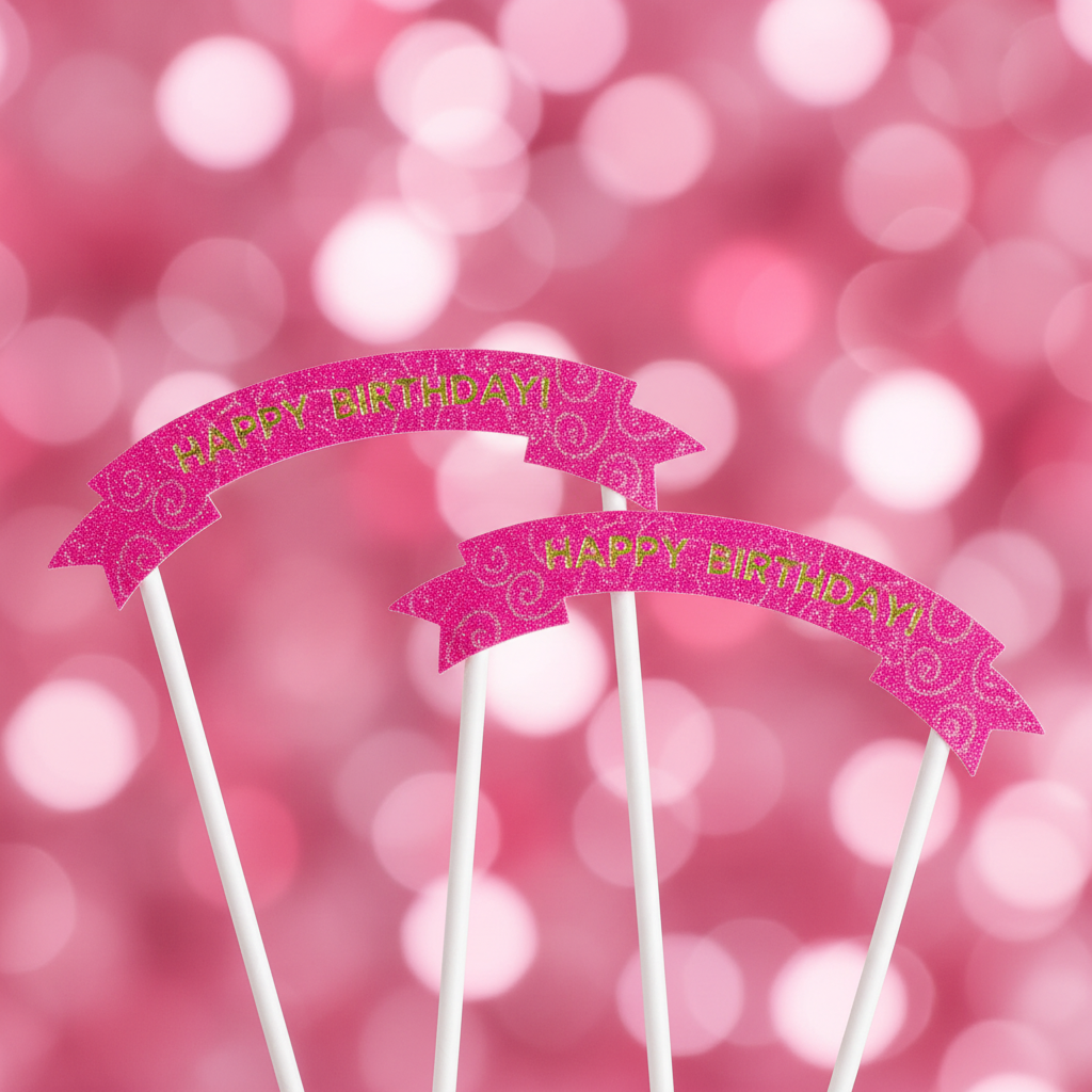 Close up detail of hot pink Happy Birthday arch ribbon banner cake toppers on white sticks