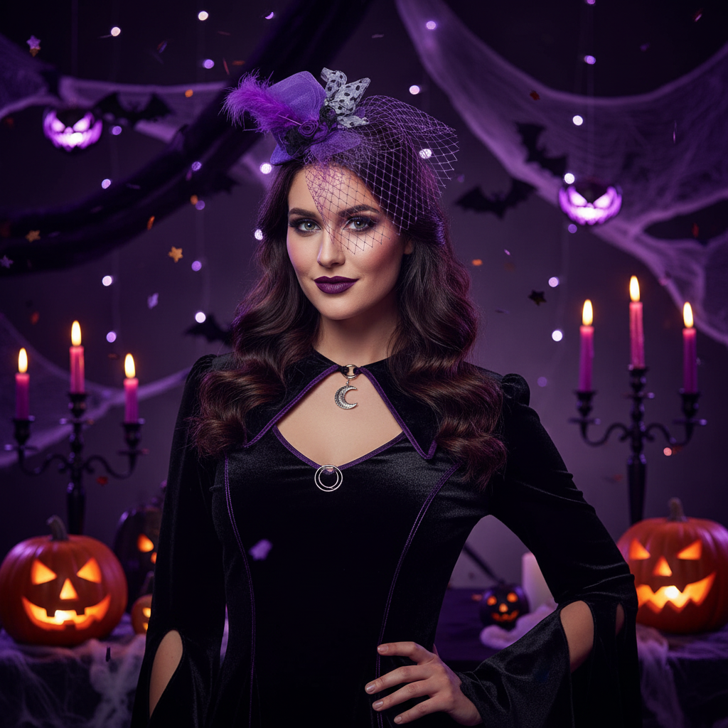 Purple Mini Top Hat Fascinator worn at Halloween Witch Party