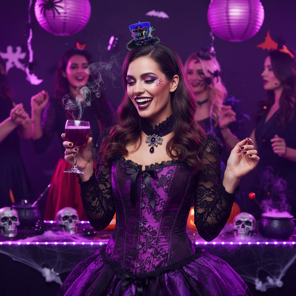 Purple Mini Top Hat Headband worn at Halloween Costume Party