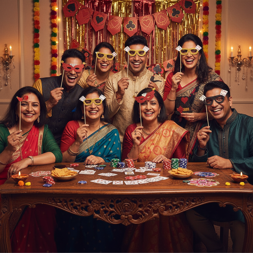 Indian adults at Diwali card party using casino photo booth props