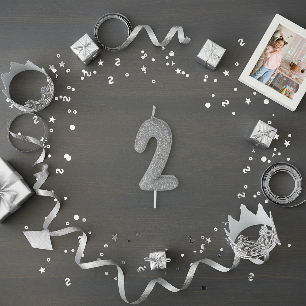 Silver glitter number 2 candle flat lay with silver ribbons gift boxes and silver party decor