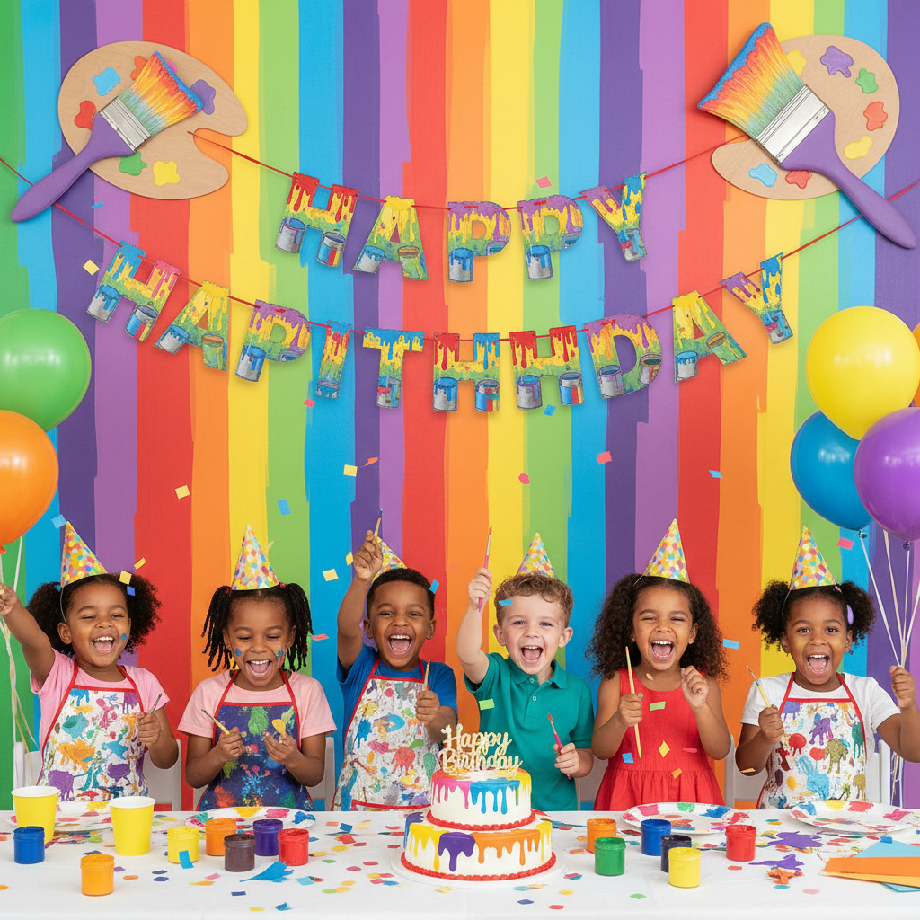Art Attack Happy Birthday Letter Banner at Creative Kids Birthday Backdrop