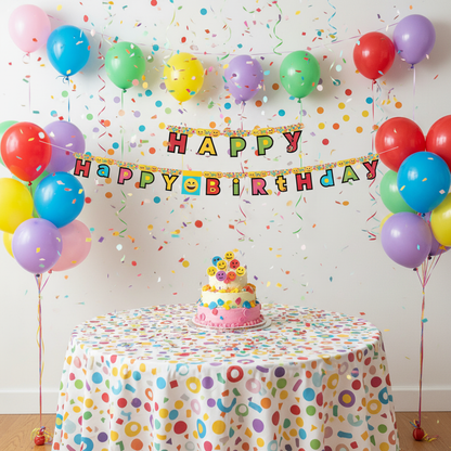 Emoji Happy Birthday letter banner hung on wall at kids birthday party with balloons and cake