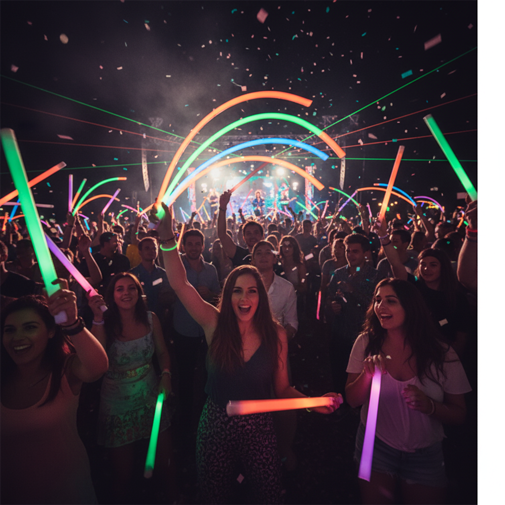 People dancing and waving colorful glow sticks at night party concert vibrant neon green orange pink purple glow sticks