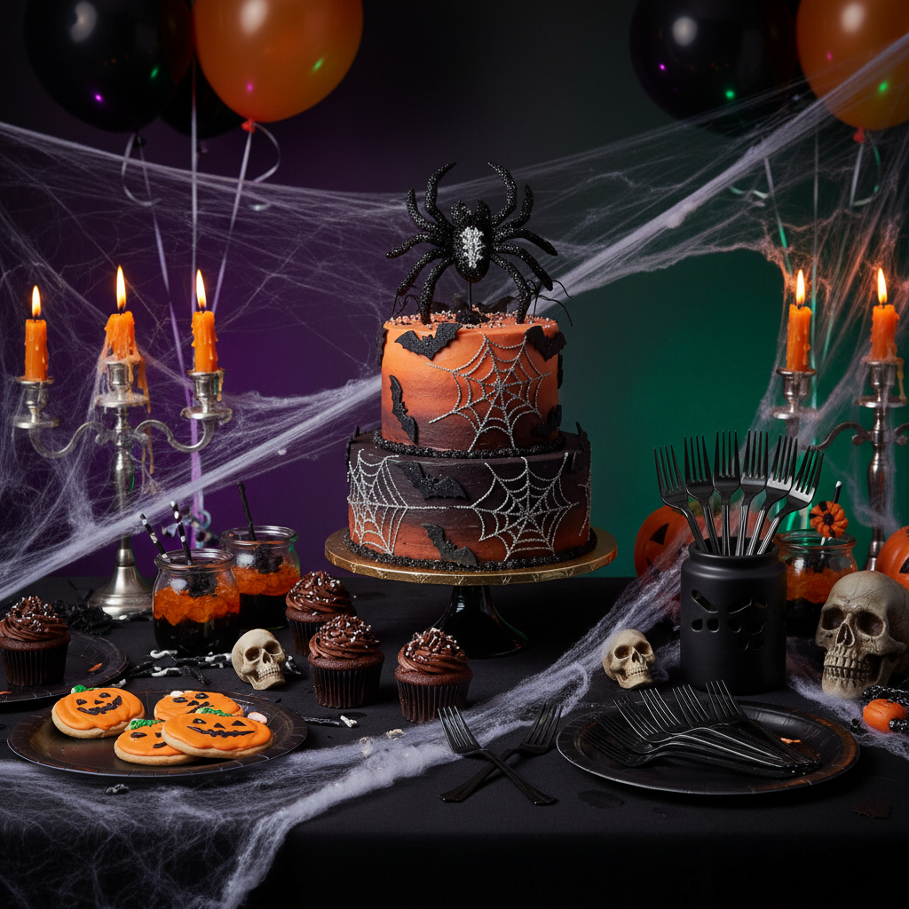 Black plastic forks on Halloween party dessert table with black orange decorations spooky cake and spider web props