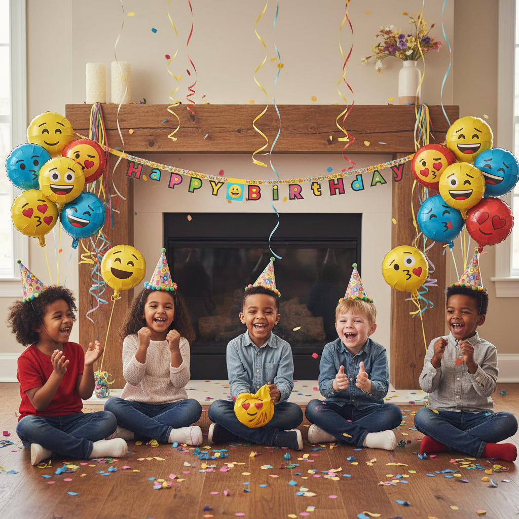 Emoji Happy Birthday letter banner hung on fireplace mantel at birthday party