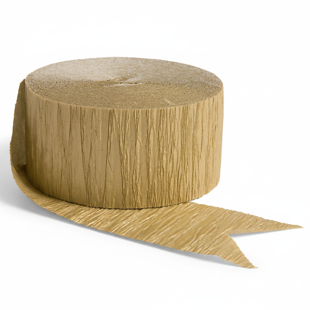 Gold crepe paper streamer roll close up product shot