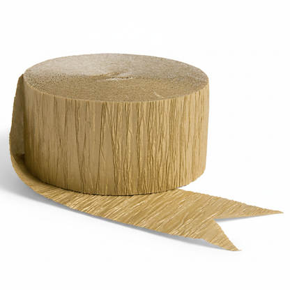 Gold crepe paper streamer roll close up product shot