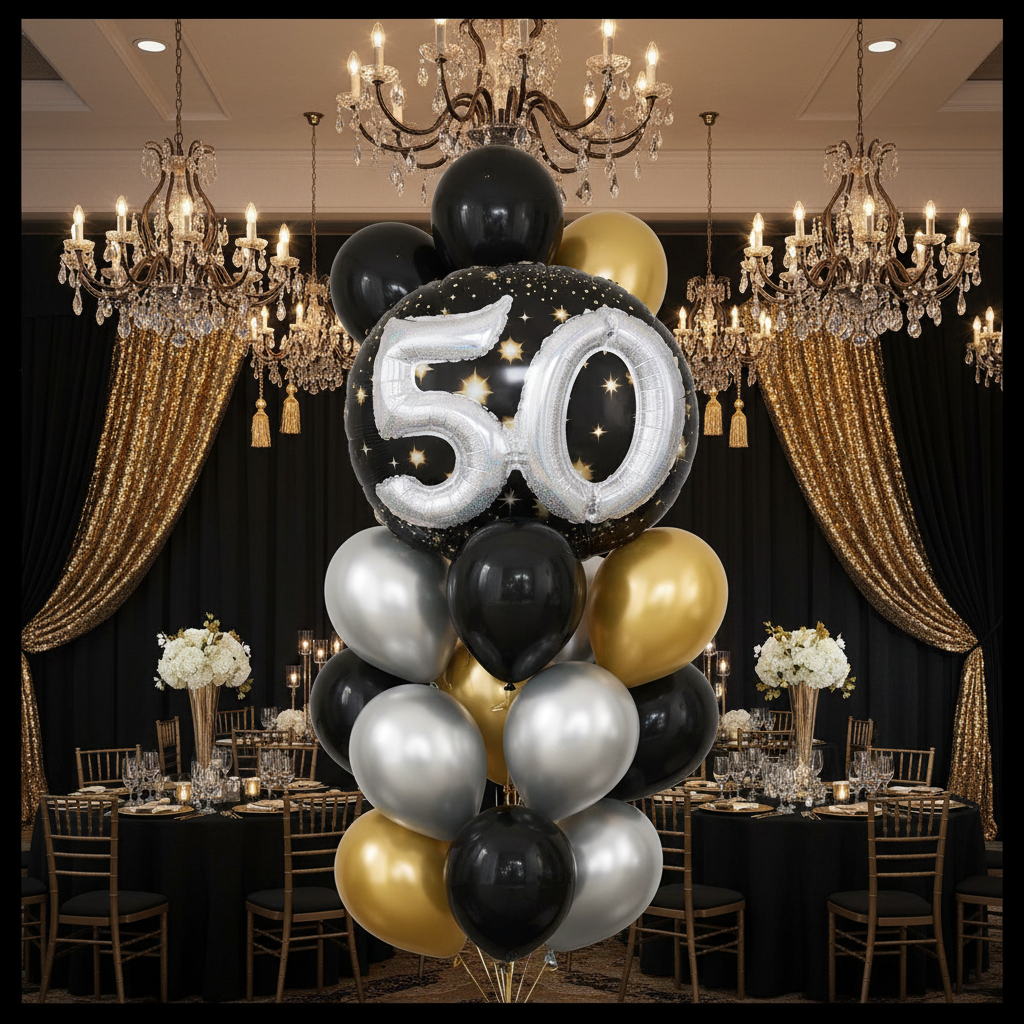 Sparkling 50th 3D Foil Balloon - Balloon Bouquet at Party Venue