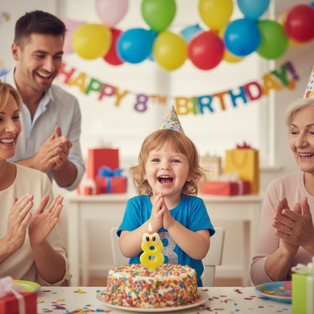 Child celebrating 8th birthday blowing yellow googly eyes number 8 candle on cake with family