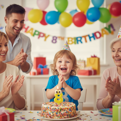 Child celebrating 8th birthday blowing yellow googly eyes number 8 candle on cake with family