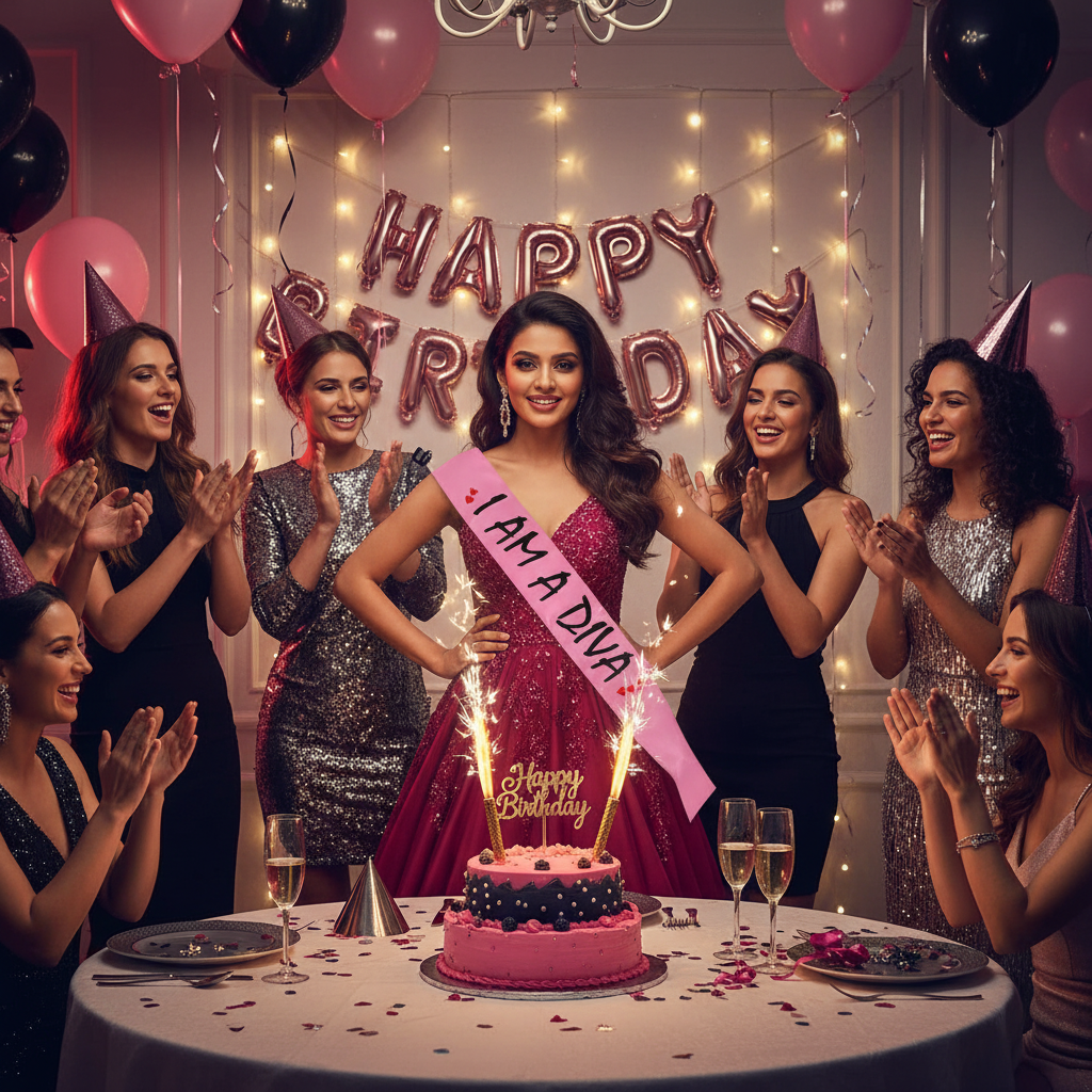 Glamorous Indian birthday girl wearing I AM A DIVA sash at birthday dinner celebration