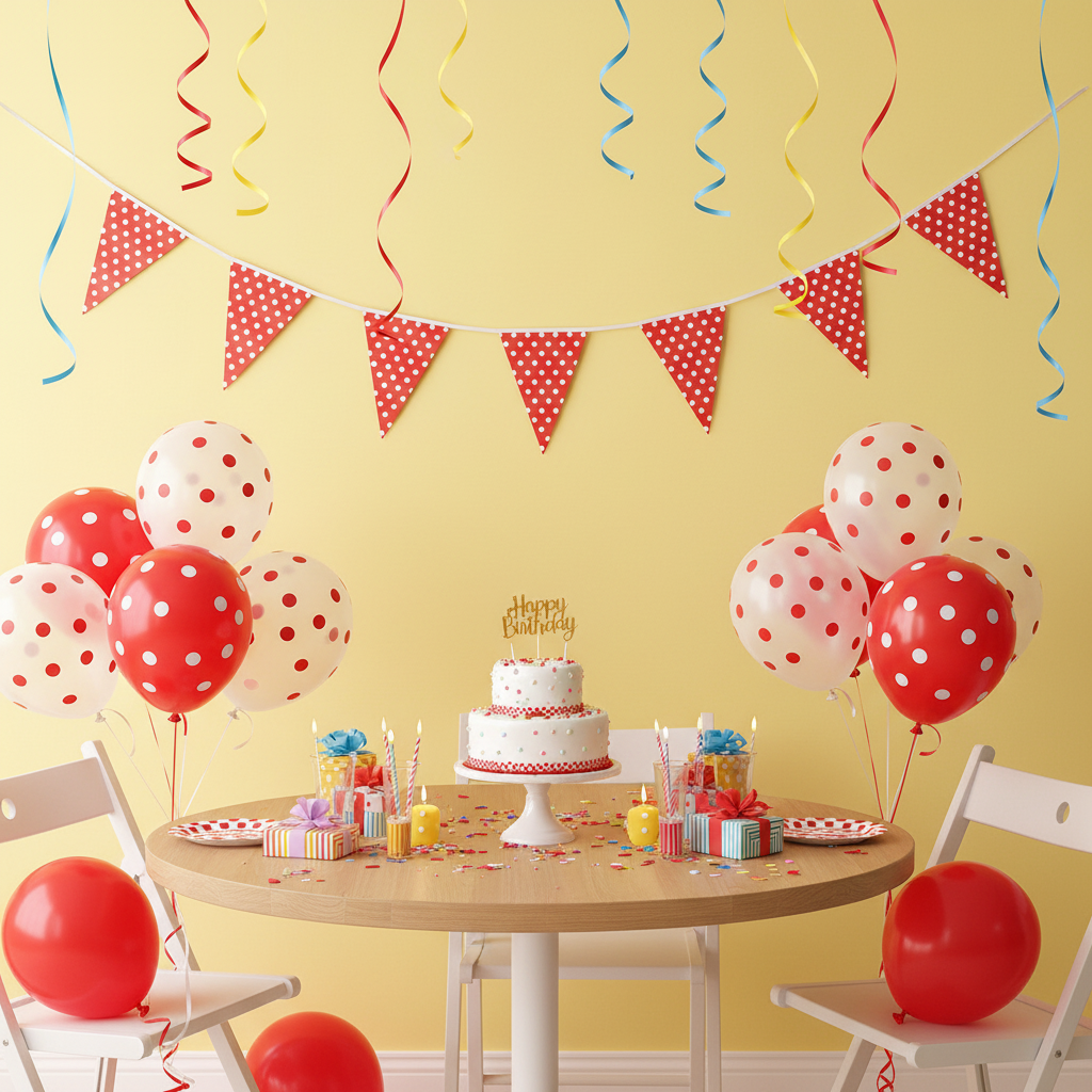Red white polka dot bunting hung on wall at cheerful birthday party with balloons