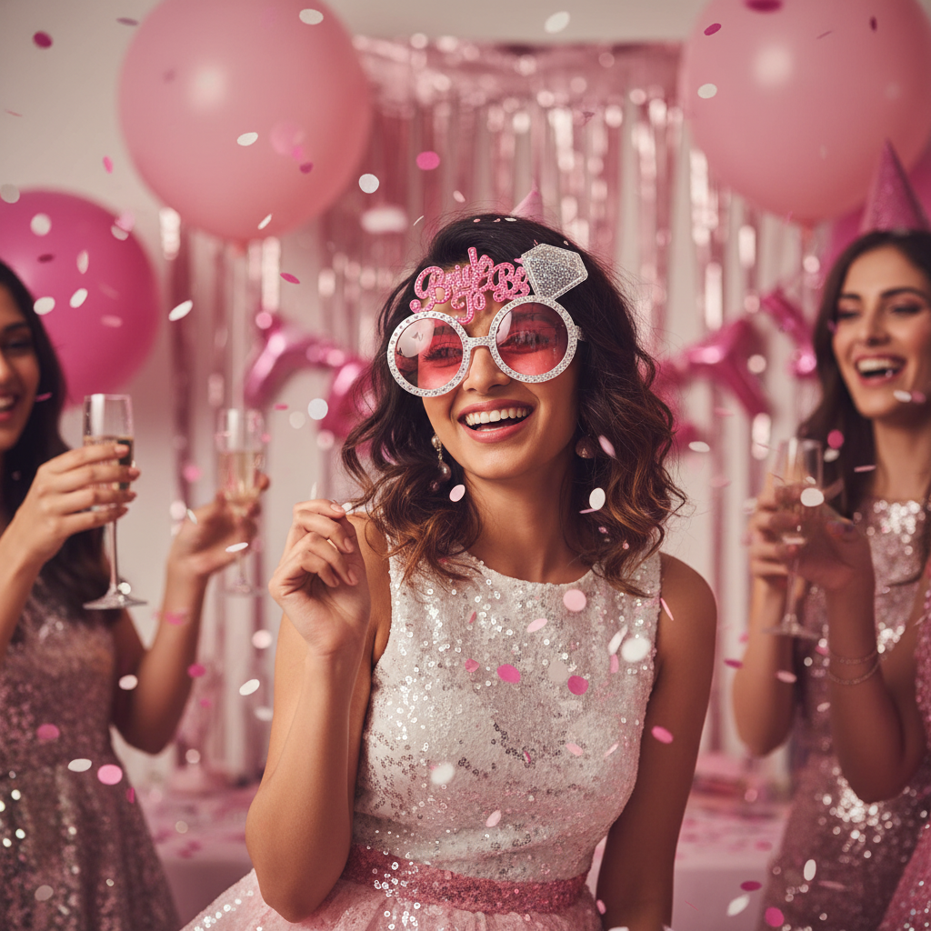 Bride to be wearing pink bachelorette party shades