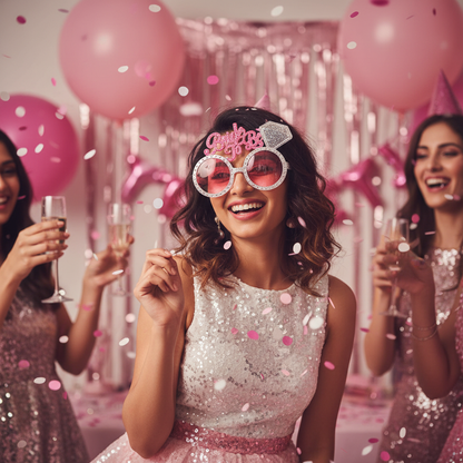 Bride to be wearing pink bachelorette party shades