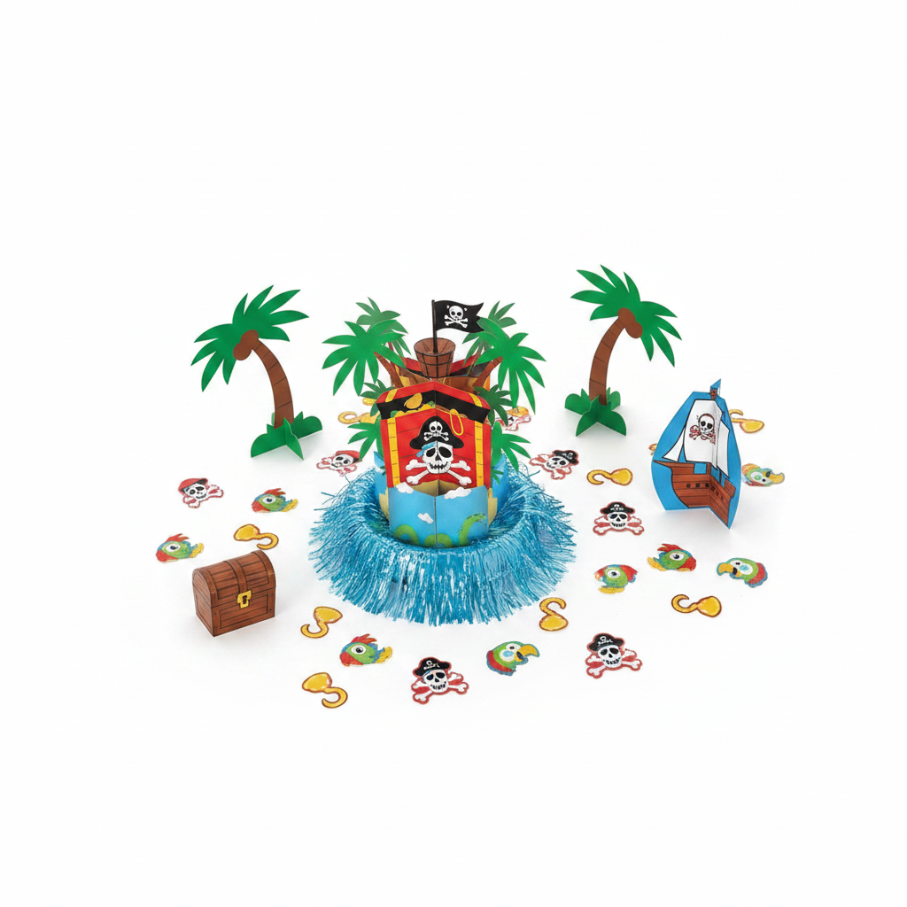 Pirate theme table decoration 27PC set flat lay showing pirate ship centerpiece palm trees treasure chest and skull crossbones confetti