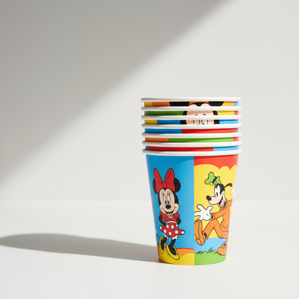 Close-up of stacked Mickey Mouse 9oz paper cups showing design detail