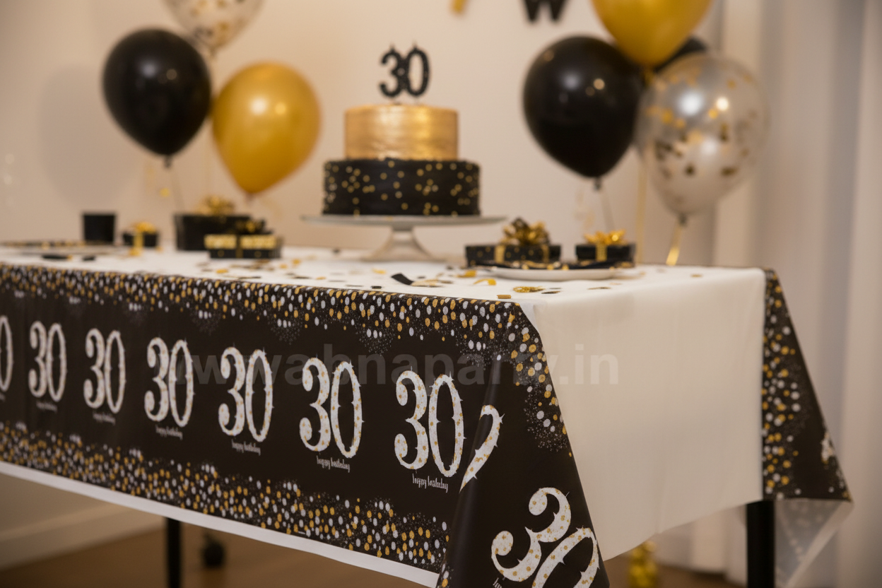 30th Birthday Tablecover party setup corner view