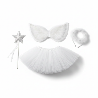 White angel kids costume flat lay with tutu skirt feather wings star wand and halo headband