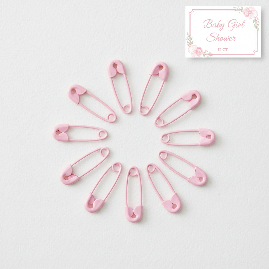 Pink mini safety pins 12CT flat lay on white background neatly arranged soft pastel pink baby shower favor pins