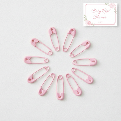 Pink mini safety pins 12CT flat lay on white background neatly arranged soft pastel pink baby shower favor pins