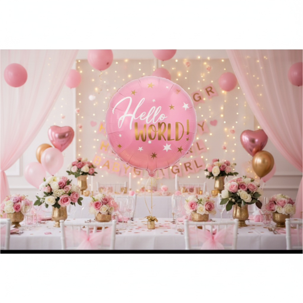 Hello World Baby Girl Balloon - Baby Shower Party Setup