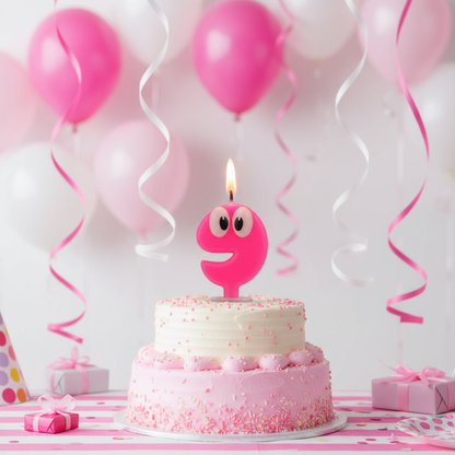 Pink googly eyes number 9 candle lit and glowing on 9th birthday cake with pink white balloons