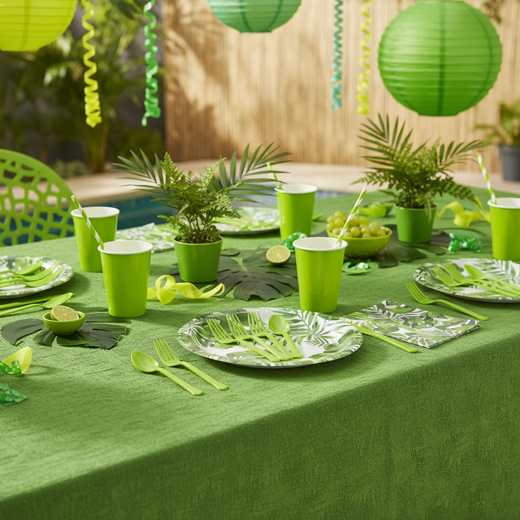 Lime green plastic forks on vibrant green themed party table with green plates cups and decorations tropical garden party