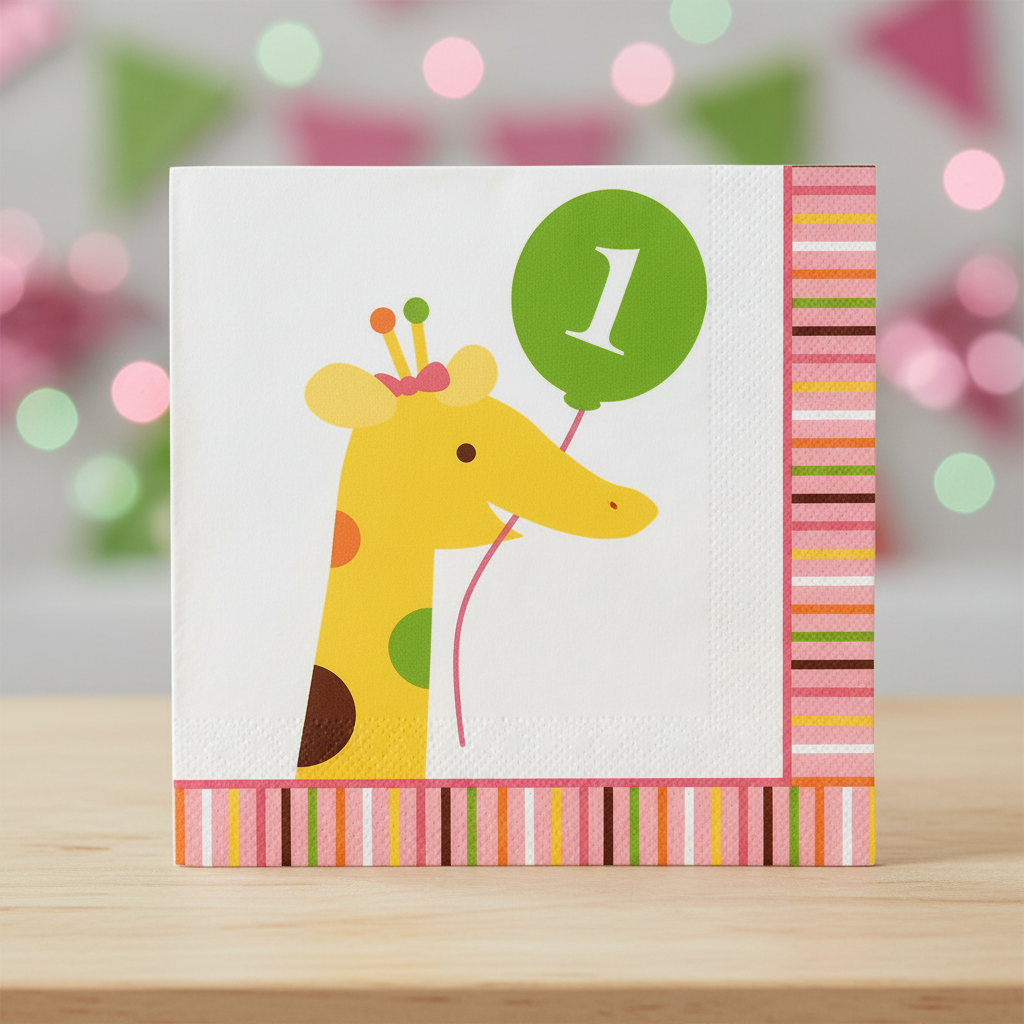 Close up detail of Sweet At 1 beverage napkin with cute giraffe and pink striped border