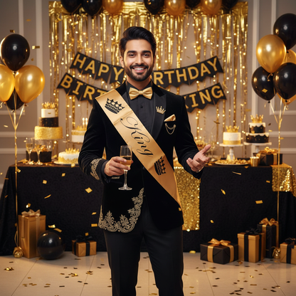 Indian man wearing golden King sash with crown designs at birthday party