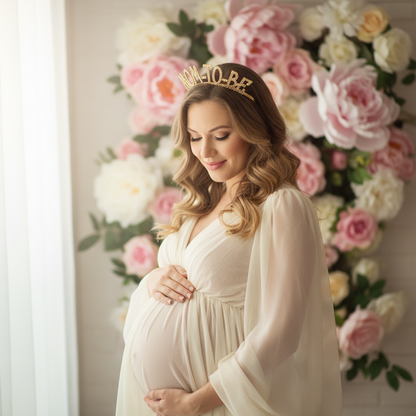 Mom To Be Gold Tiara Headband worn during Maternity Photoshoot