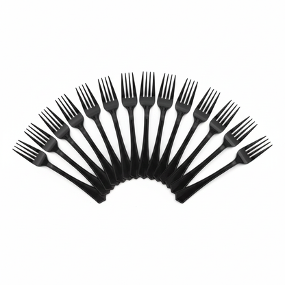 Black disposable plastic forks flat lay on white background neatly arranged premium black party cutlery 10 piece set
