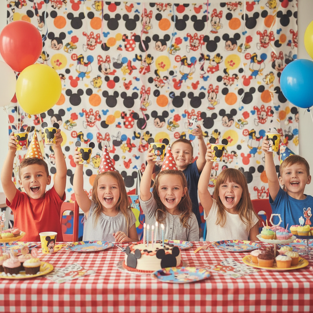 Happy children holding Mickey Mouse cups at a Disney themed birthday party