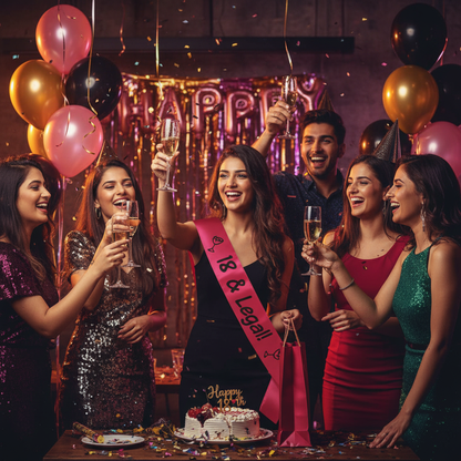 Group of young Indian friends celebrating 18th birthday with hot pink 18 and Legal sash