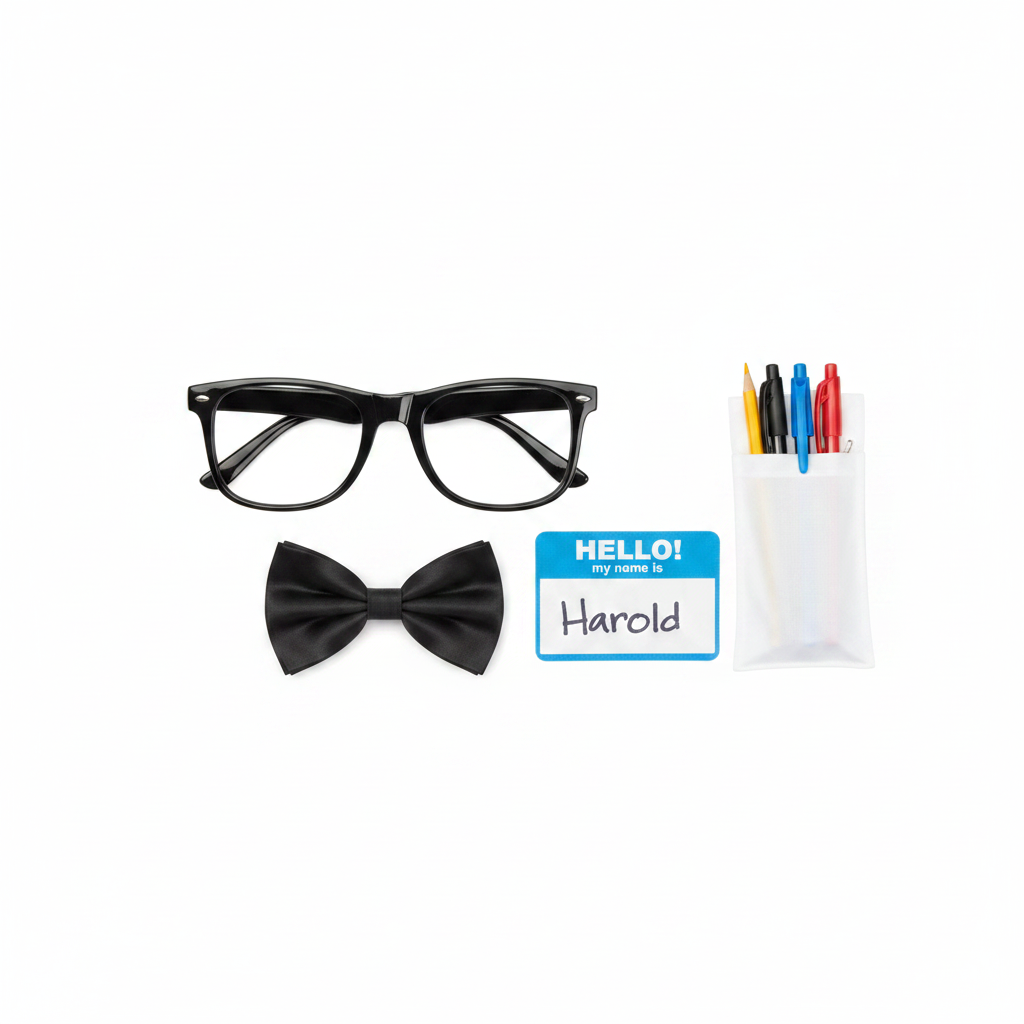 Nerd costume flat lay on white background complete set with thick black nerd glasses bow tie and name tag Halloween accessories