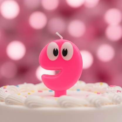 Close up detail of pink googly eyes number 9 birthday candle showing funny googly eyes and bright pink color