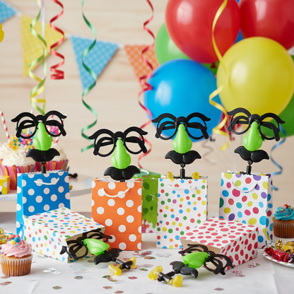 Fun mustache blowout favors displayed in party favor bags at birthday table