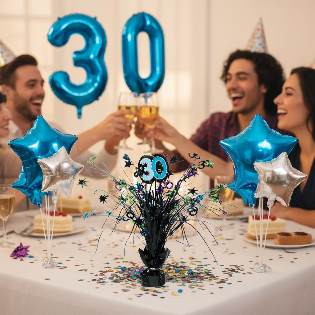 Black spray centerpiece number 30 with colorful star bursts at 30th birthday party with confetti