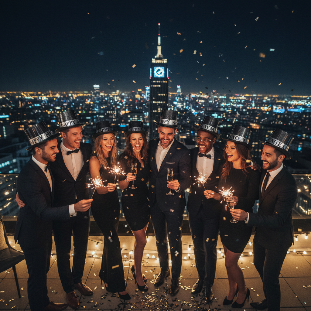 Happy New Year Black Top Hat worn at Rooftop Countdown Party