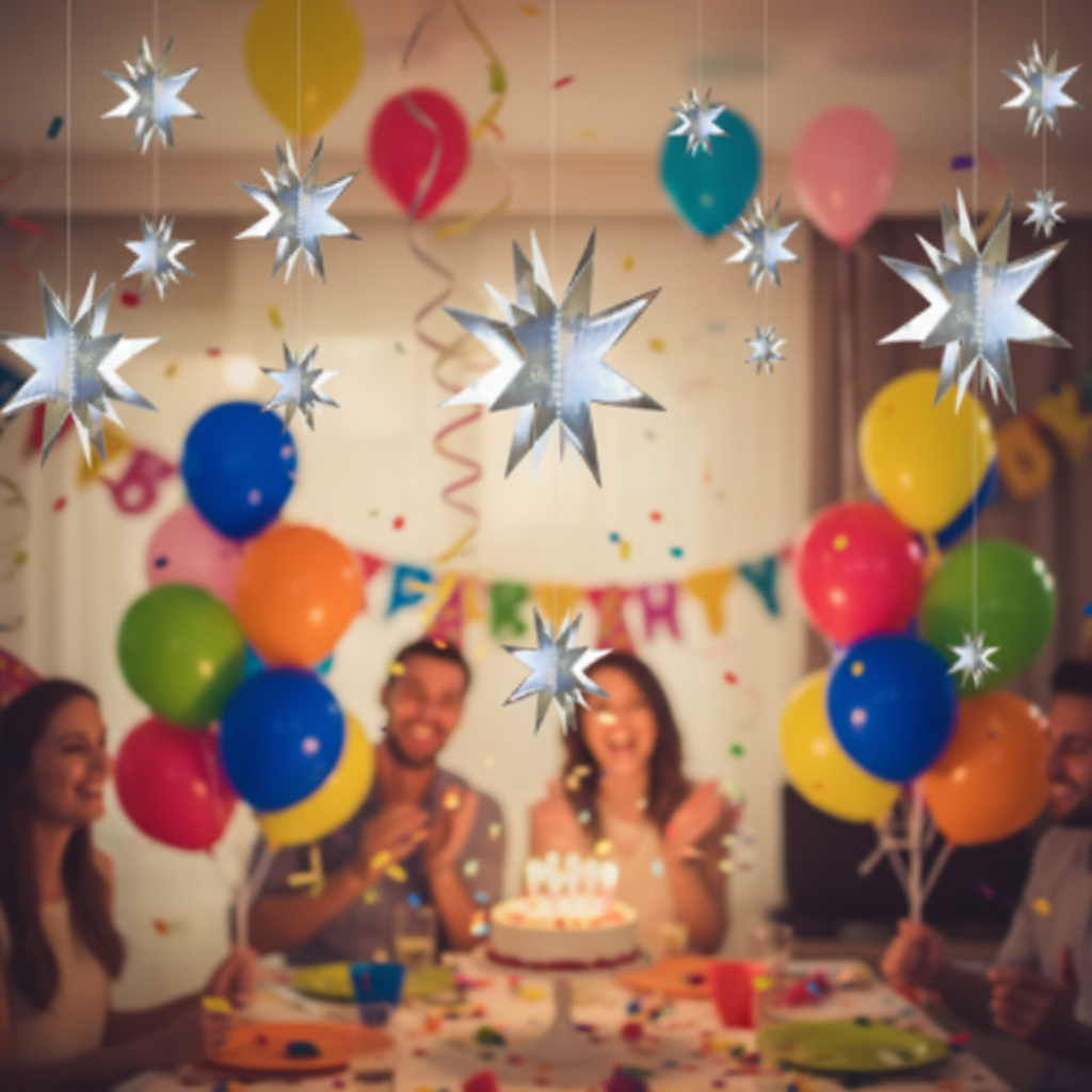 4D Silver Star Hanging at Birthday Party