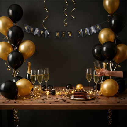 Happy New Year black and gold bunting banner hung on wall at New Year party with balloons and champagne