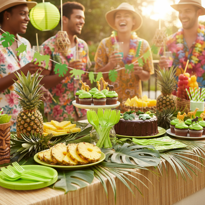 Lime green plastic forks on tropical luau jungle safari themed party dessert table with palm leaves pineapples and tropical decorations