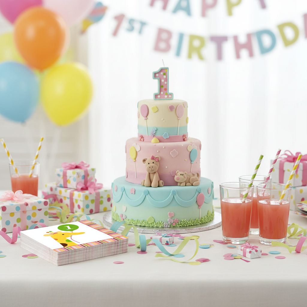 Sweet At 1 giraffe beverage napkins on 1st birthday party table with juice glasses and cake