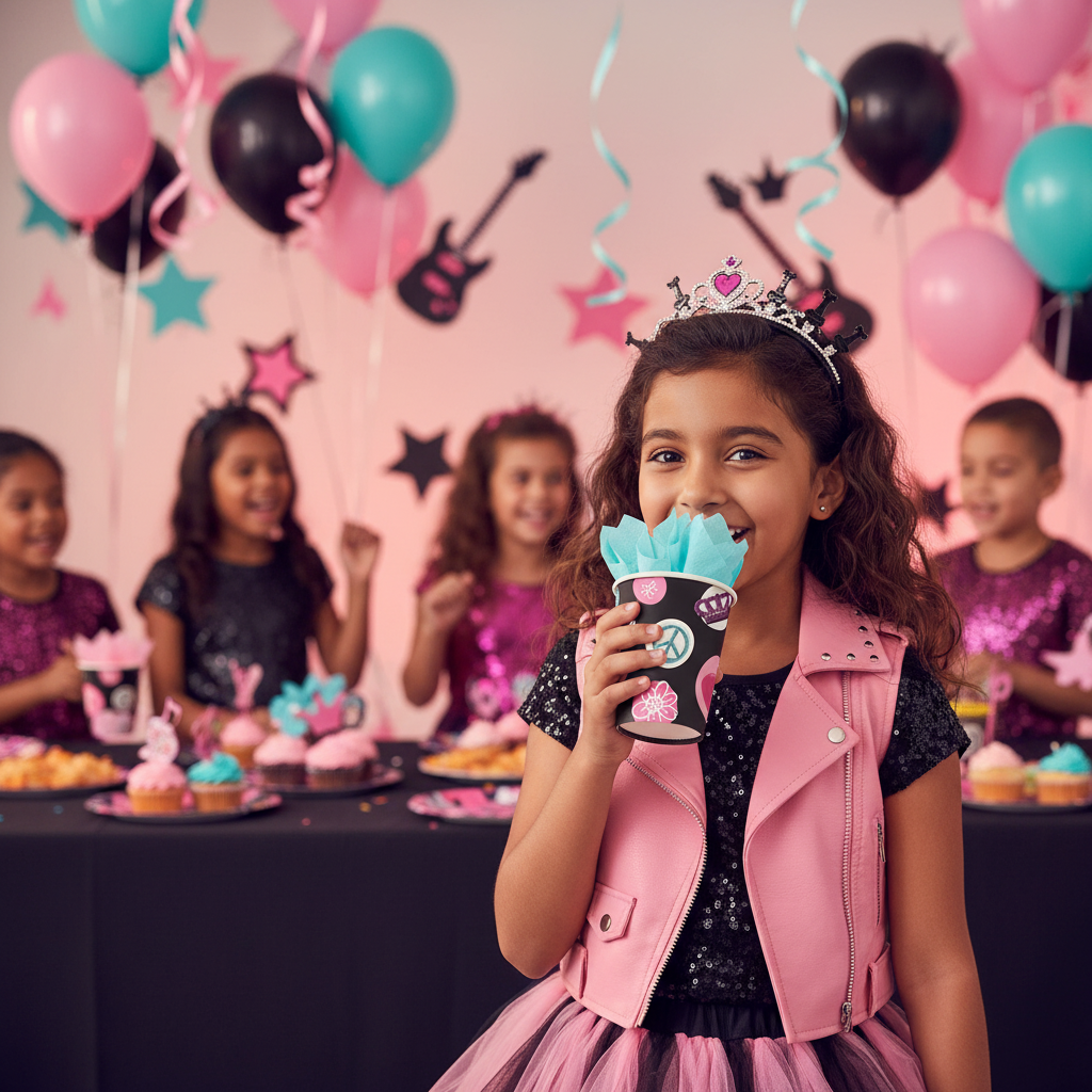 Girl at rocker princess birthday party with paper cups